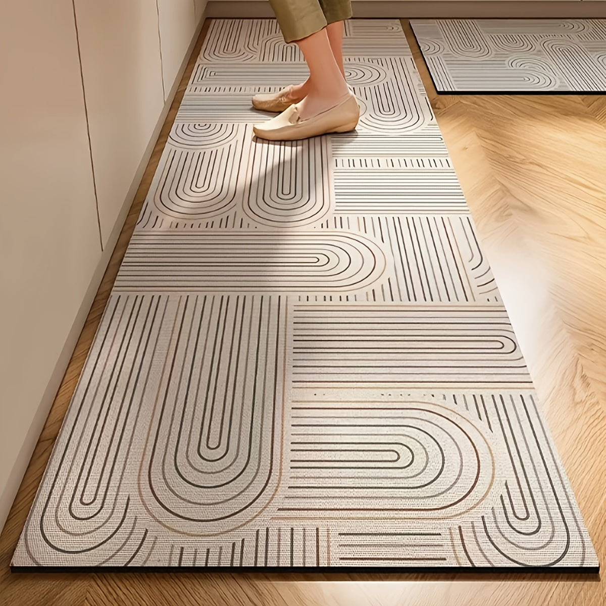 Nordic Style Kitchen Mat Thickened Absorbent Non-Slip Rubber Backing Floral Beige Brown 2 Sizes – Durable High Traffic Floor Mat