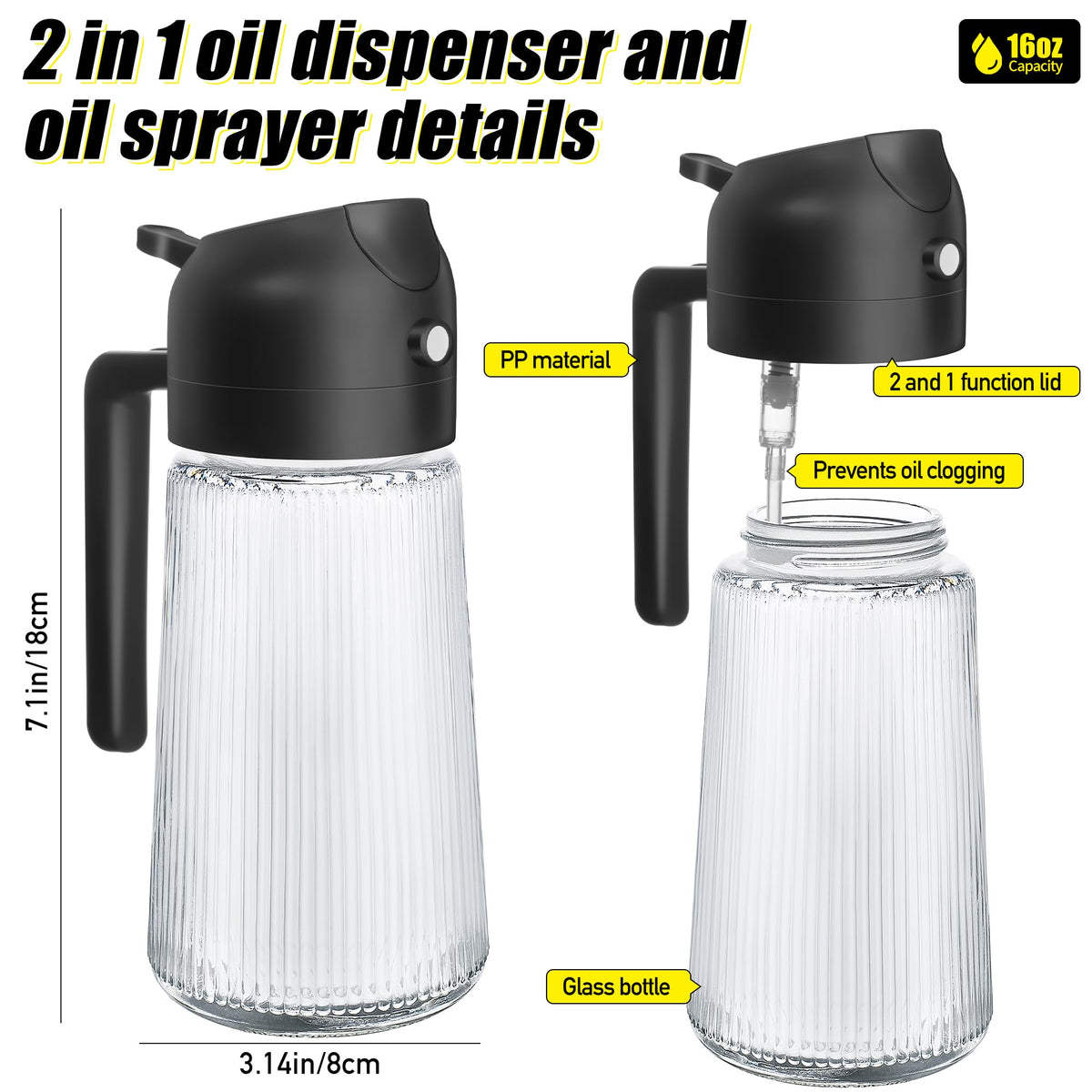 16oz Glass Oil Dispenser Bottle 2-in-1 Spray & Pour – Ribbed Olive Oil Sprayer for Kitchen Cooking, Refillable Glass Oil Spritzer with Leak-Proof Pourer, 1pc or 2pcs