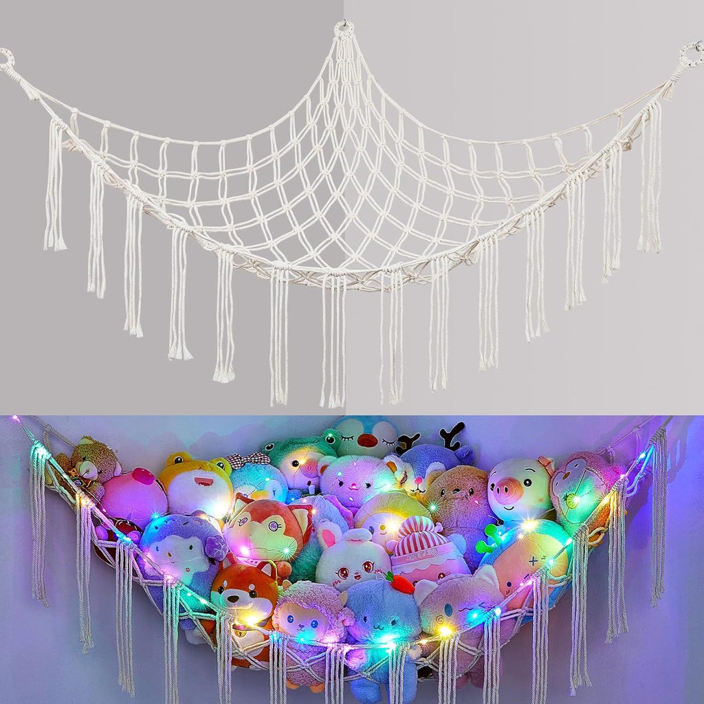 Stuffed Animal Storage Hammock with Star Lights – Corner Mesh Toy Organizer with Hooks for Kids Room, Bedroom & Nursery | White, Black & Pink