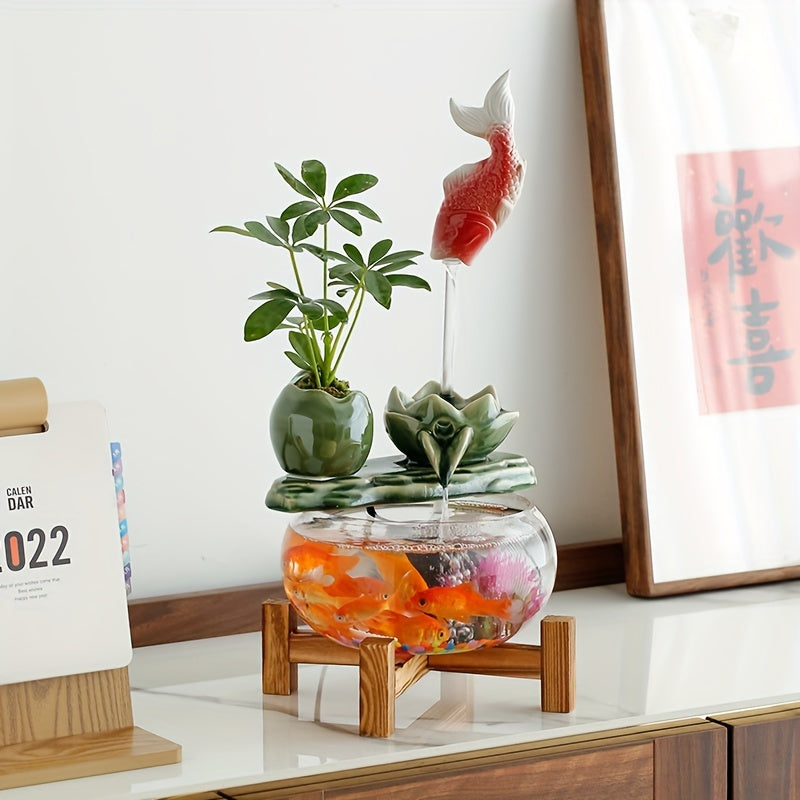 USB Powered Glass & Ceramic Fish Waterfall Desktop Fountain – Hanging Goldfish Design, Decorative Water Feature with Glass Fish & Plants for Living Room, Office & Zen Decor, Unique Gift