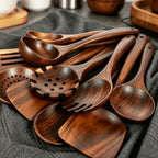 Wooden Kitchen Utensils Set 10 Piece - Non-Stick Safe Heat Resistant Cooking Tools with Spatula, Slotted Spoon & More, Stylish Wood Kitchen Gadgets for Cooking & Baking