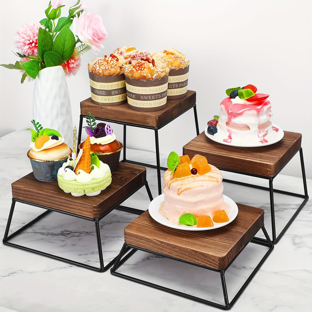 Set of 4 Square Wooden Cake Stands with Metal Wire Bases – Dessert Display Stands for Cupcakes, Appetizers & Party Serving