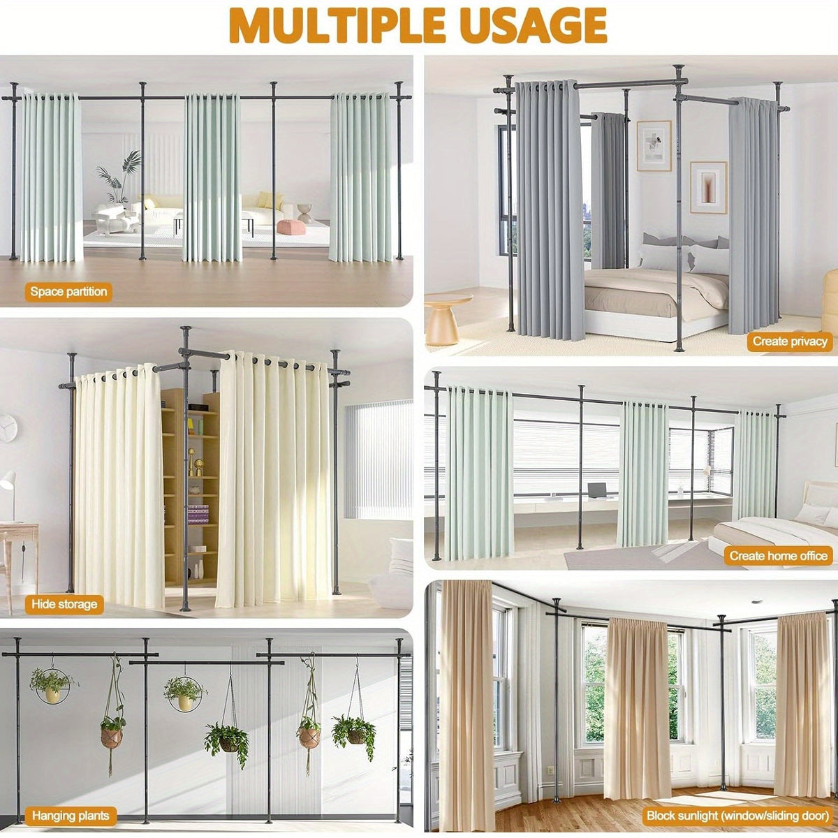 Adjustable Tension Room Divider Curtain Rod – No Drilling, 28–171" Wide, 4–10 ft Floor-to-Ceiling, Heavy Duty, Black & White (Curtains Not Included)