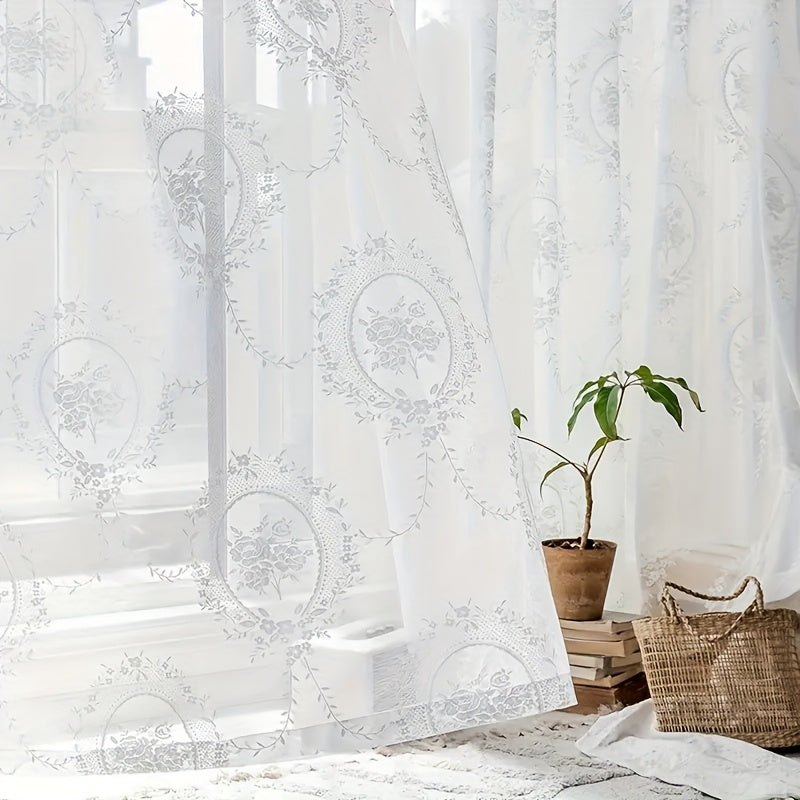 French Lace Curtains 2 Panels - Romantic European Retro Embroidery Floral Semi-Sheer Rod Pocket Drapes, 57" Wide Light Filtering Window Curtains for Living Room Bedroom Balcony, White Green Black
