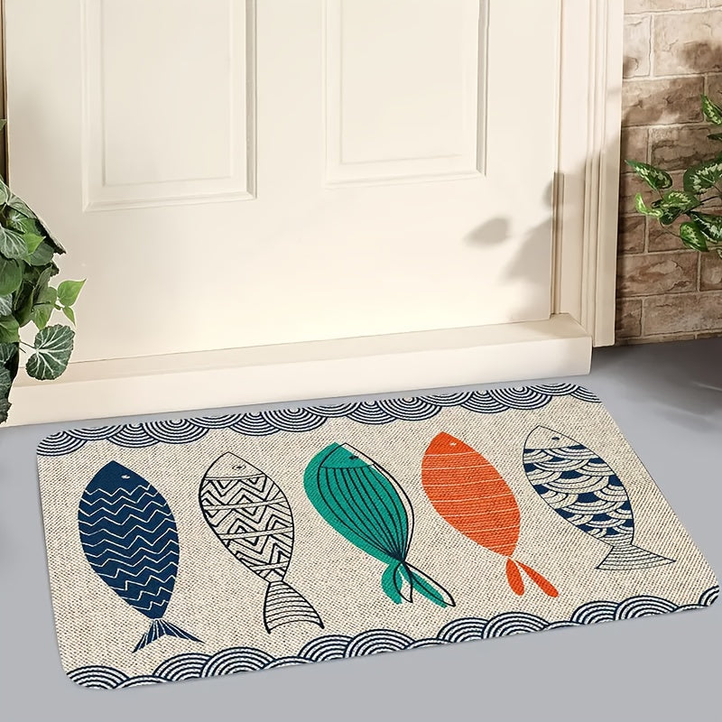 Summer Fish Pattern Flannel Door Mat Washable Soft Non-Slip Area Rug for Front Door Bedroom Farmhouse Laundry Room Decoration - 2 Sizes