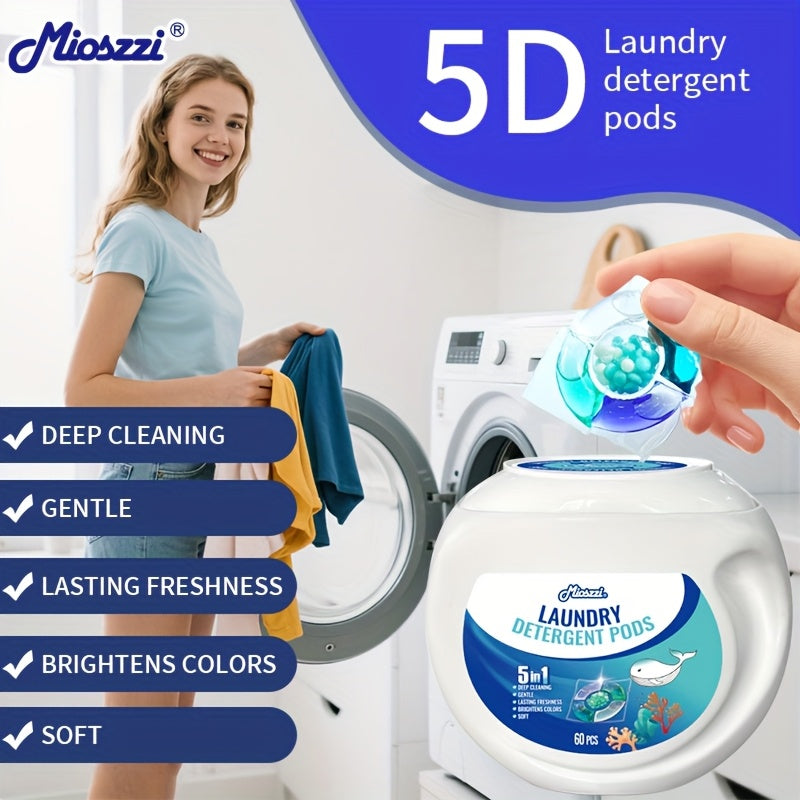 5-in-1 Laundry Detergent Pods, Ocean Breeze Scent, 8X Cleaning Power – HE Compatible Stain & Odor Eliminator Liquid Capsules, Fabric Safe, 60 / 120 Count