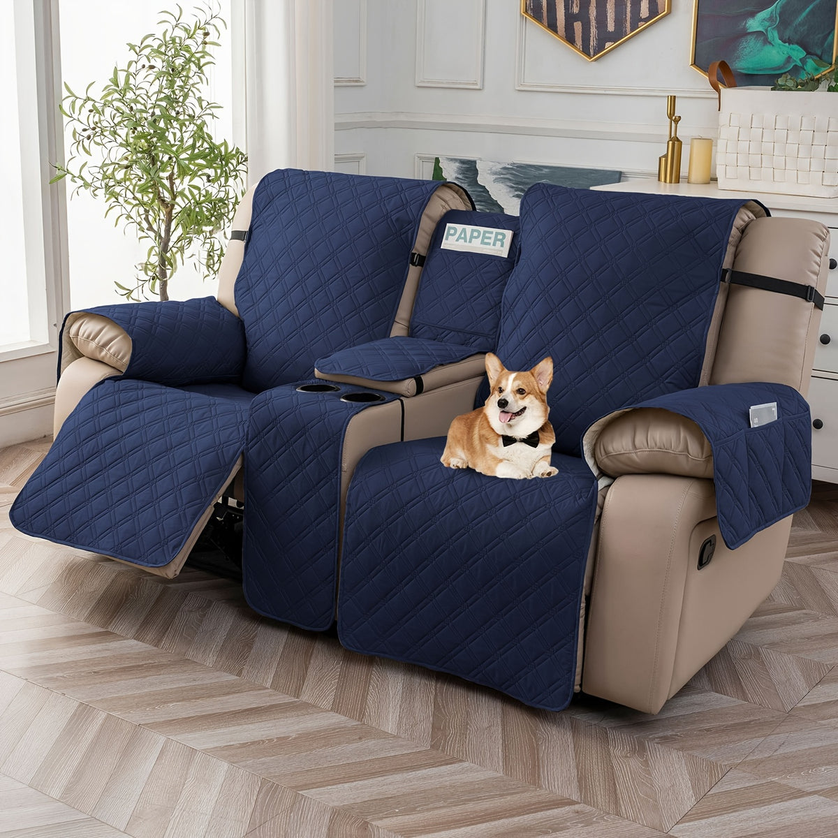 Recliner Loveseat Cover with Console 4-Piece Chenille Quilted Waterproof Slipcover | Non-Slip Pet Scratch Resistant Sofa Protector with Cup Holder Pocket, 9 Colors