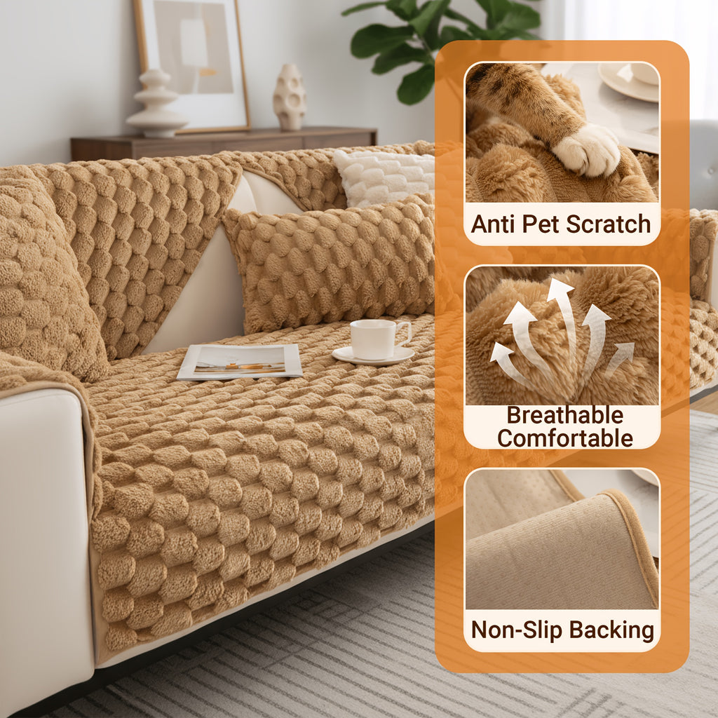 Thickened Honeycomb Velvet Sofa Seat Cover – Solid Color Minimalist Non-Slip Pet-Friendly Cushion Pad | Washable Couch Protector for Living Room, Bedroom & Office | 1-5 Seater + Armrest & Pillow Options