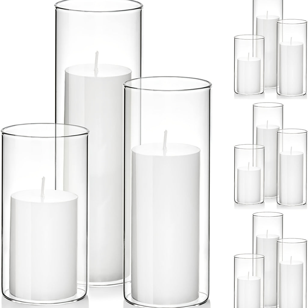 White Pillar Candles with Clear Glass Hurricane Candle Holders – Elegant Cylinder Vases for Wedding Centerpieces, Parties, Home & Office Decor, Table Decorations