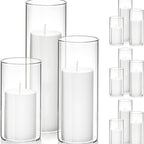 White Pillar Candles with Clear Glass Hurricane Candle Holders – Elegant Cylinder Vases for Wedding Centerpieces, Parties, Home & Office Decor, Table Decorations