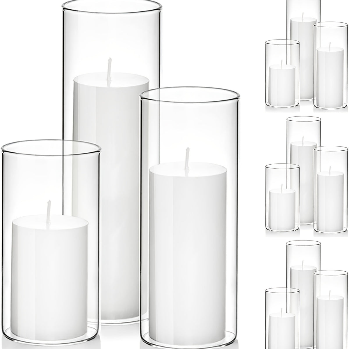 White Pillar Candles with Clear Glass Hurricane Candle Holders – Elegant Cylinder Vases for Wedding Centerpieces, Parties, Home & Office Decor, Table Decorations