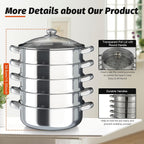 304 Stainless Steel Stackable Steamer Pot with Tempered Glass Lid – 2-Tier or 5-Tier Heavy-Duty Steam Cooker for Dumplings Vegetables Pasta Meat, Home & Commercial