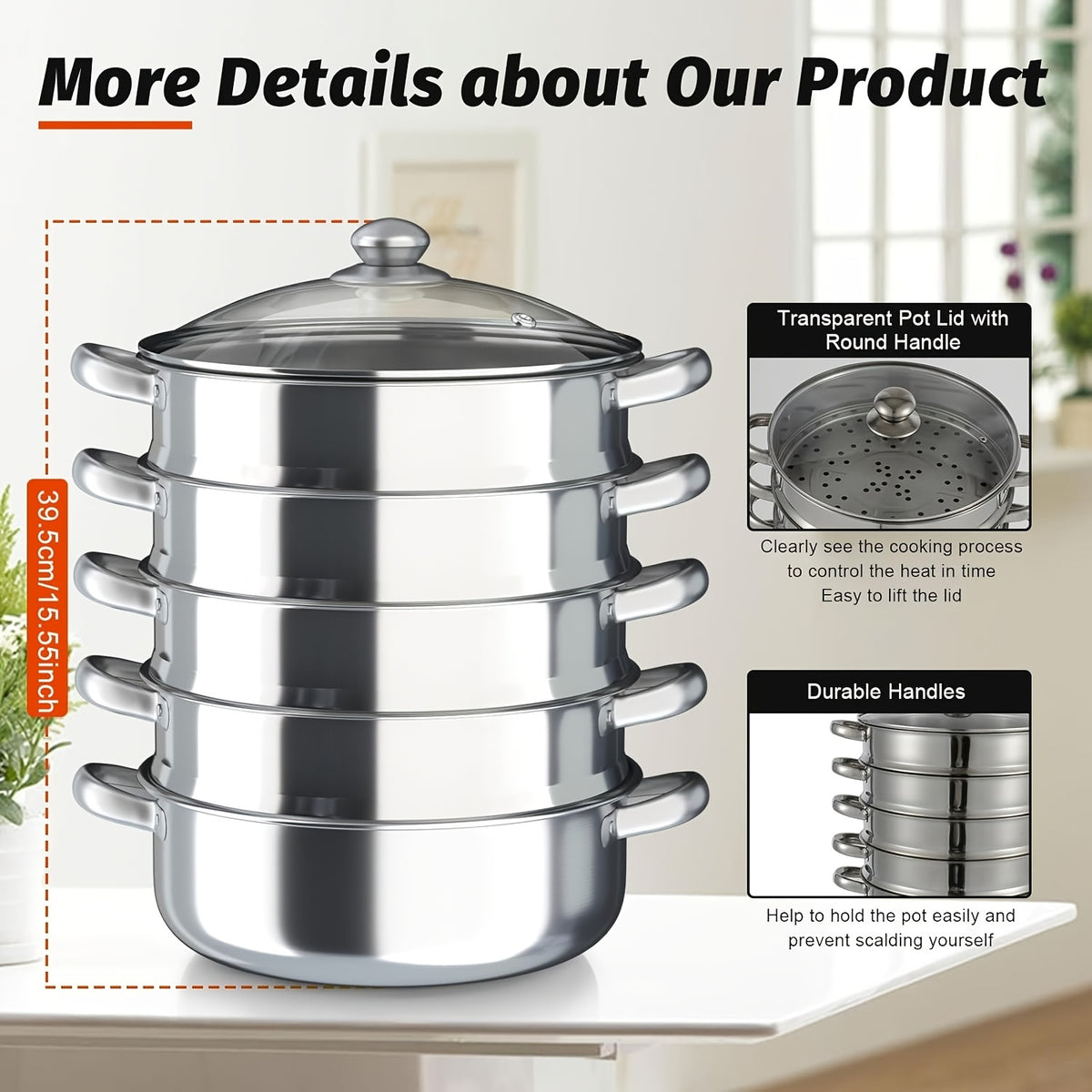304 Stainless Steel Stackable Steamer Pot with Tempered Glass Lid – 2-Tier or 5-Tier Heavy-Duty Steam Cooker for Dumplings Vegetables Pasta Meat, Home & Commercial