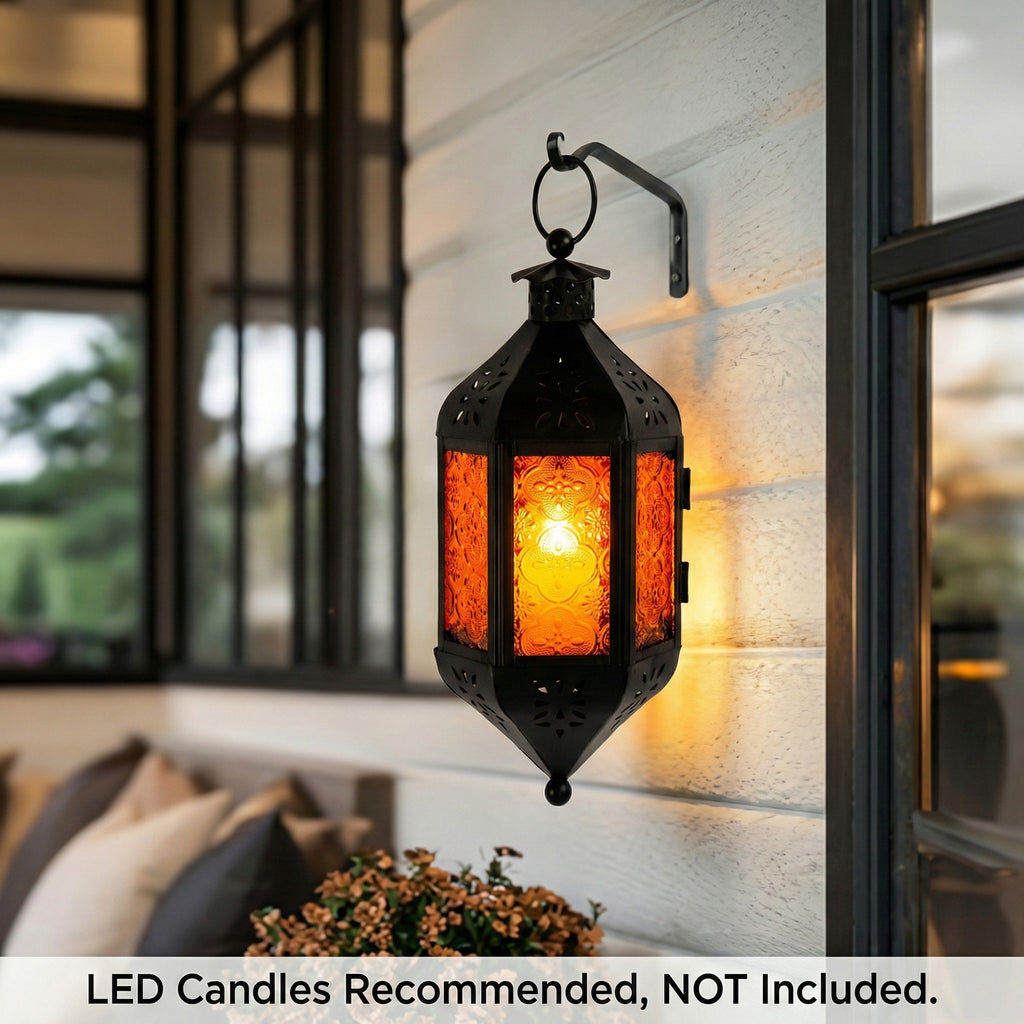 Moroccan Hanging Candle Lantern with Chain – Vintage Boho Style Iron & Glass Tealight Holder for Home, Patio, Garden, Wedding & Ramadan Decor (23.5" Overall)