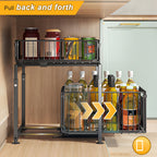 2-Tier Pull Out Cabinet Drawer Organizer No Drill - Slide Out Kitchen Pantry Shelf, Space-Saving Roll Out Storage for Spices Canned Goods Kitchenware, Black White