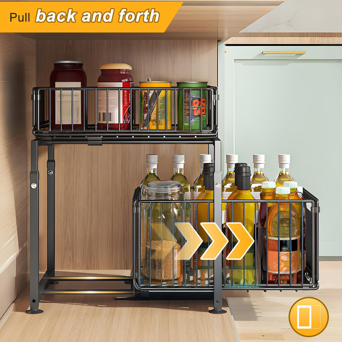2-Tier Pull Out Cabinet Drawer Organizer No Drill - Slide Out Kitchen Pantry Shelf, Space-Saving Roll Out Storage for Spices Canned Goods Kitchenware, Black White