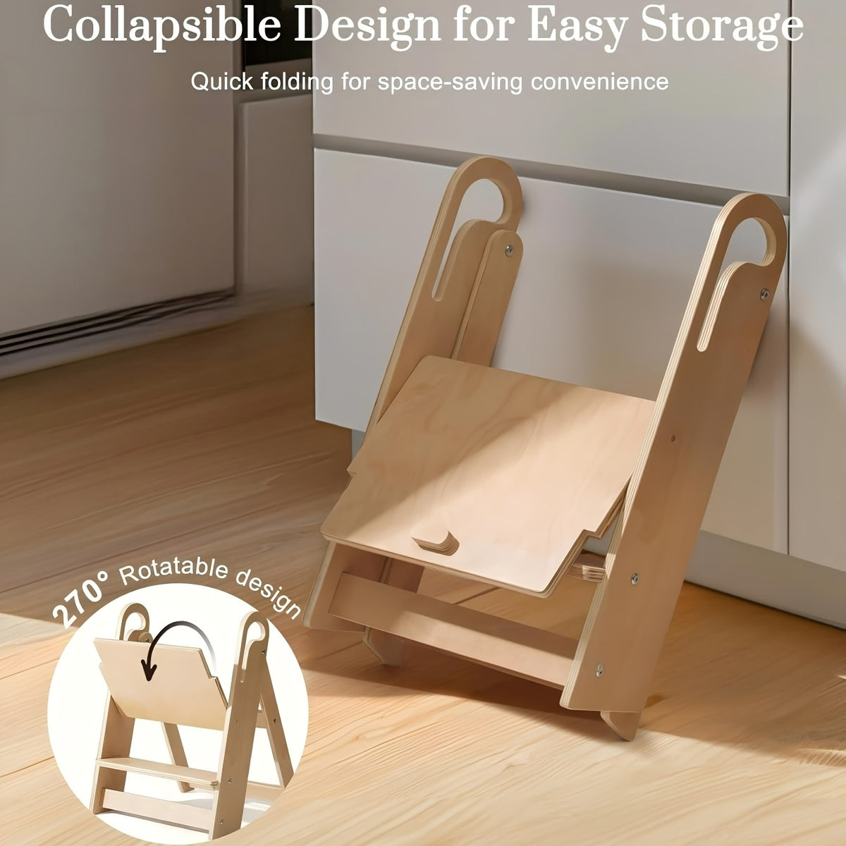 Kids Step Stool Foldable Anti-Slip Double Tier with Handle – Natural Wood Finish Children's Step Stool for Bathroom, Kitchen, Bedroom & Countertops