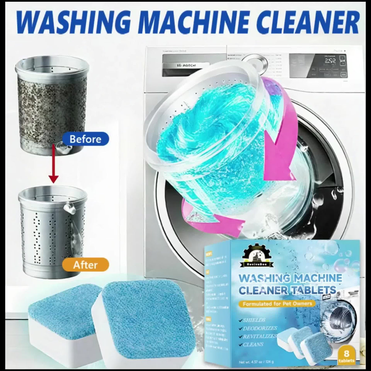 Washing Machine Cleaner & Descaler Tablets – Deep Cleaning for HE Front Loader & Top Load Washers, Removes Odor, Drum & Tub Seal Cleaner, Septic Safe, 7 to 40 Pack