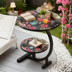 2-Tier Metal Outdoor Side Table, Floral Round Balcony & Patio Table, Sturdy Compact Design, Easy Assembly, for Patio, Courtyard, Balcony & Garden — Multiple Styles
