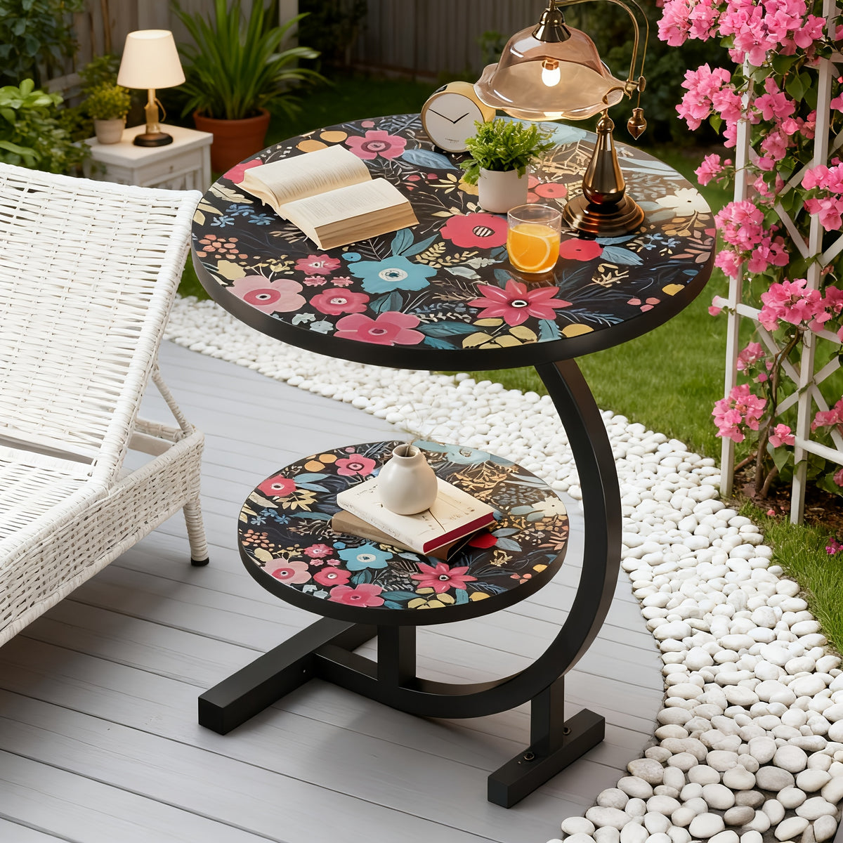 2-Tier Metal Outdoor Side Table, Floral Round Balcony & Patio Table, Sturdy Compact Design, Easy Assembly, for Patio, Courtyard, Balcony & Garden — Multiple Styles