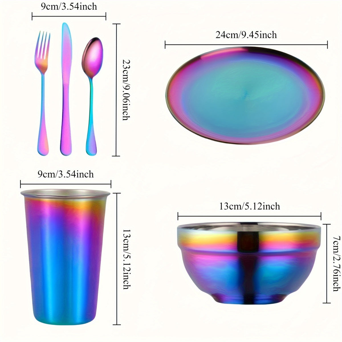 Rainbow Stainless Steel Camping Dinnerware Set – 12 or 36-Piece Plates, Bowls, Cups, Forks, Spoons & Knives for Outdoor Picnic, Backpacking & Family Camping