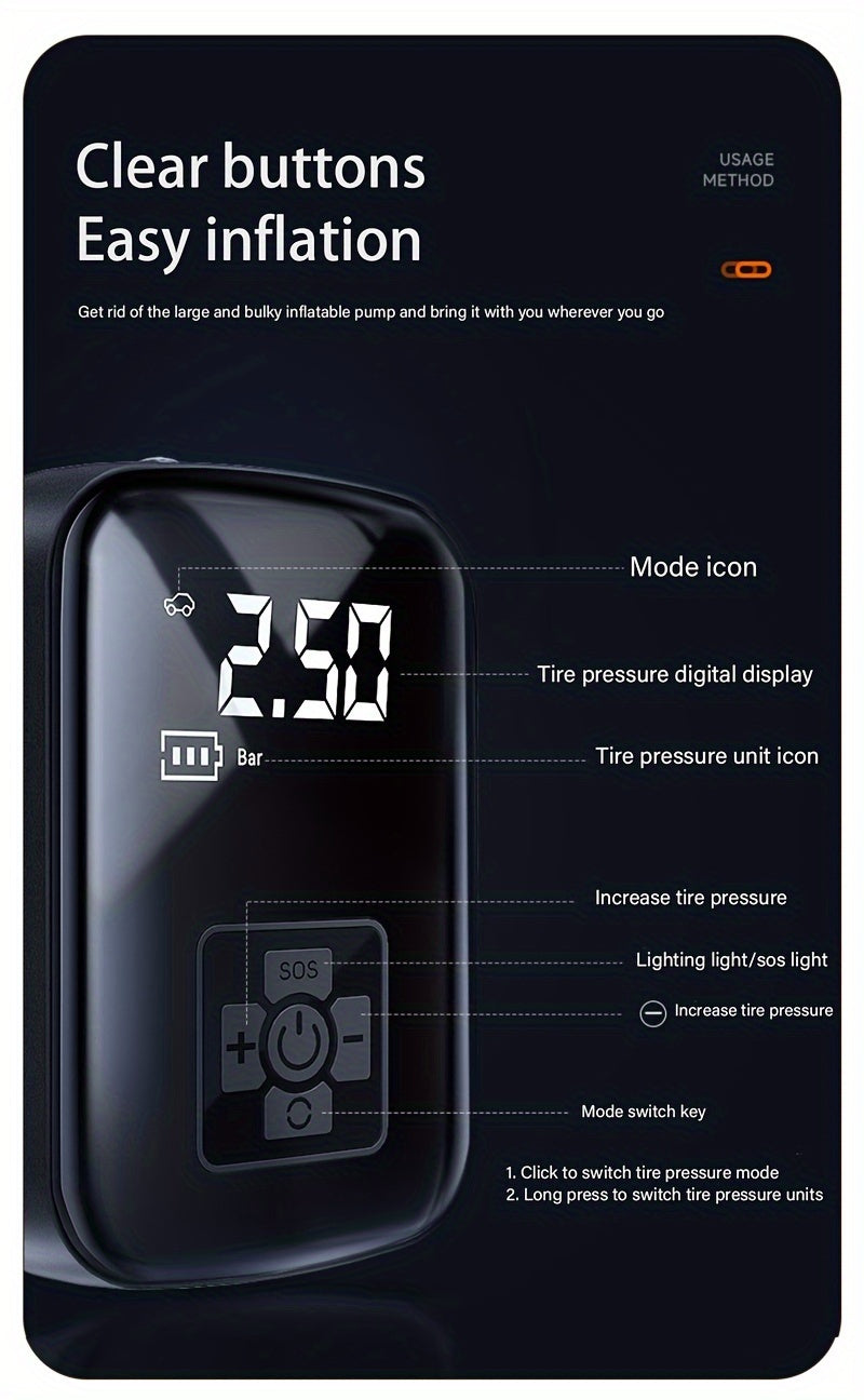 Portable Tire Inflator Cordless Air Compressor – 100W Digital Display, 4000mAh USB-C Fast Charge, 5 Modes, Multi-Nozzle, for Car Motorcycle Bicycle Tires & Sports Balls, 6 Colors