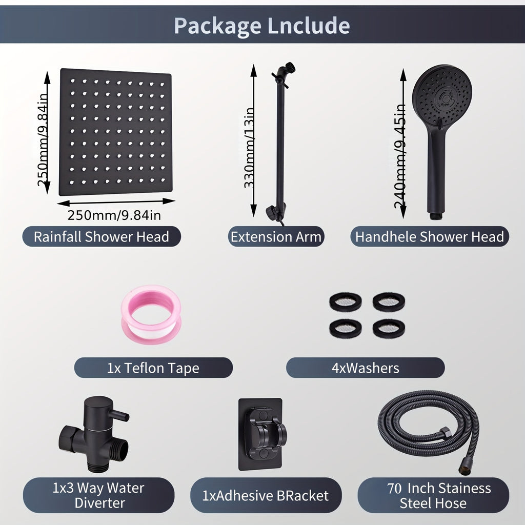 3-Way Rain Shower Head System Dual Heads with Handheld Spray High Pressure Extension Arm 8 10 12 Inch Black Chrome