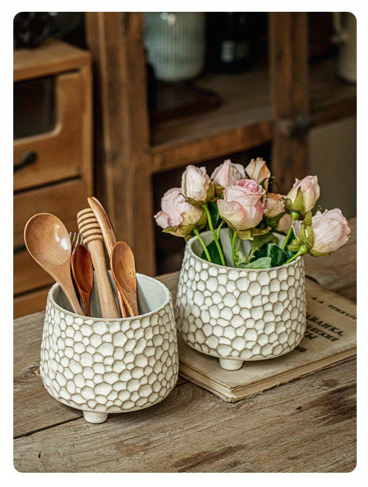 Pine Cone Ceramic Kitchen Tool Holder – Three-Legged Utensil Crock & Decorative Storage Jar for Countertop, Desk & Home Organizer | Personalized Ornament Jar