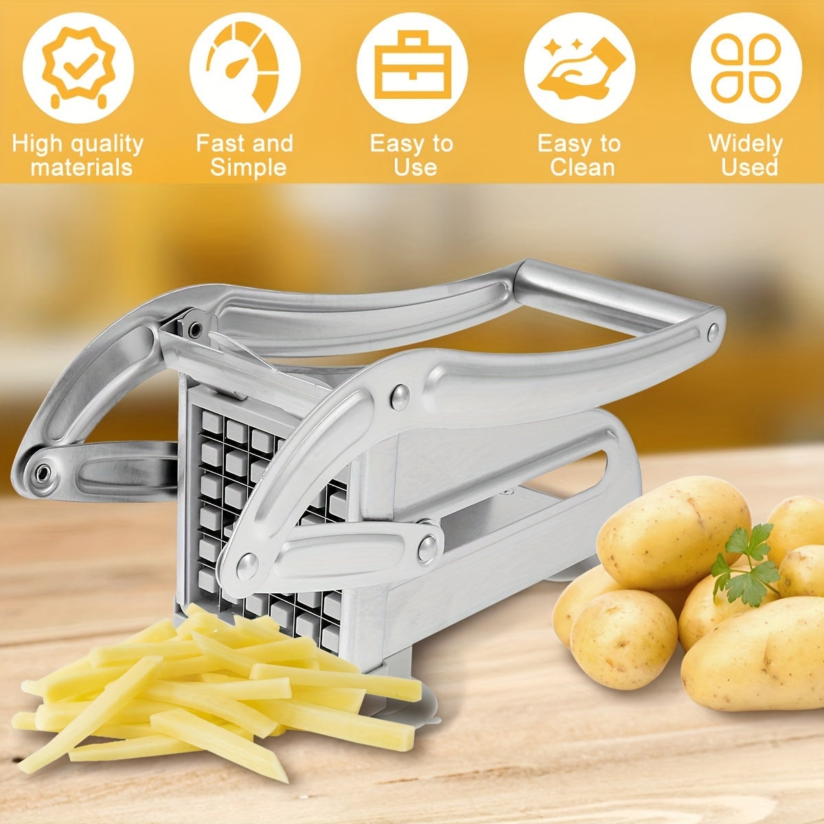 French Fry Cutter with 36 & 64 Hole Blades - Stainless Steel Potato Chipper Manual Slicer Dicer for Homemade Fries, Chips & Vegetables