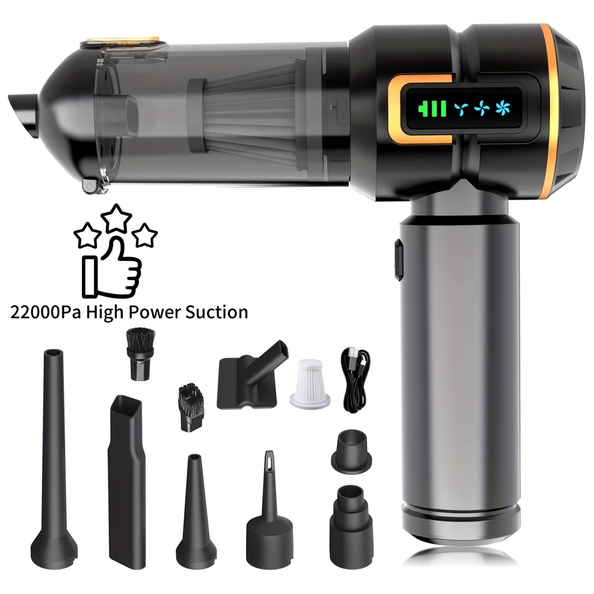 Handheld Vacuum Cleaner 25000PA – 9-in-1 Cordless Car Vacuum, Rechargeable Brushless Motor, Washable Filter, Low Noise for Car, Home, Pet & Office