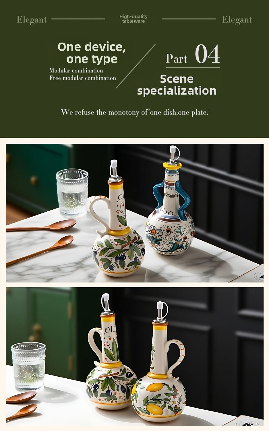 Hand-Painted Ceramic Oil & Vinegar Dispenser Set, Anti-Drip Leak-Proof Underglaze Kitchen Condiment Bottles with Oil Spout & Foot Pad, Artisan Table Serveware, Great Housewarming Gift