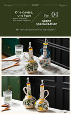Hand-Painted Ceramic Oil & Vinegar Dispenser Set, Anti-Drip Leak-Proof Underglaze Kitchen Condiment Bottles with Oil Spout & Foot Pad, Artisan Table Serveware, Great Housewarming Gift