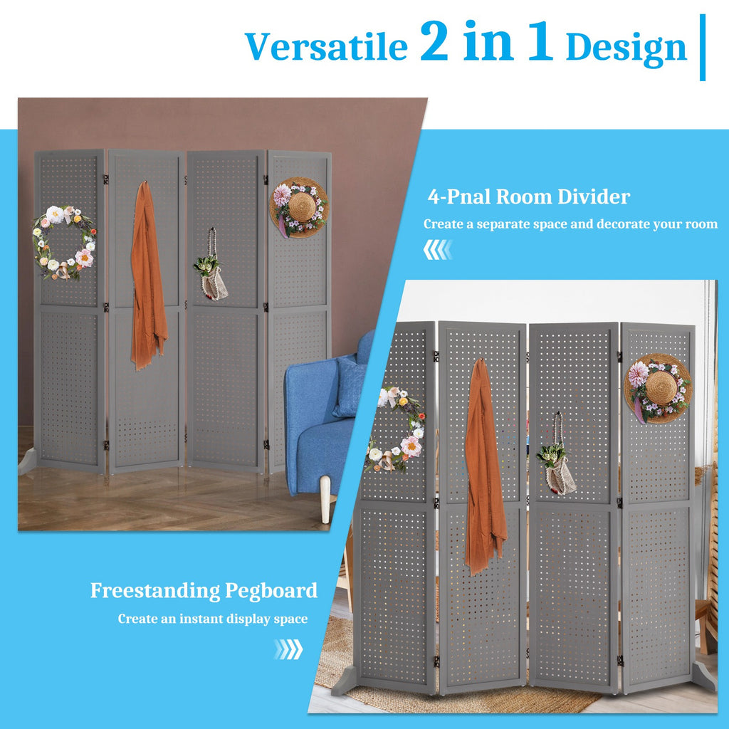 5 FT Freestanding Pegboard Room Divider | Wood Folding Privacy Screen & Display Board Organizer with Support Feet – White, Black, Natural, Grey | Craft Shows, Retail & Home