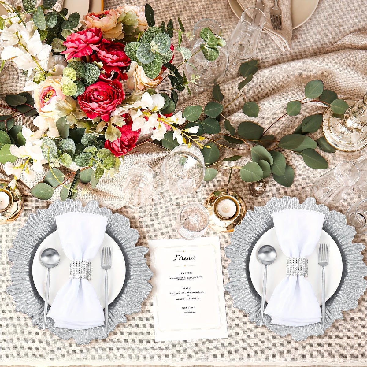 Reef Charger Plates Bulk 100 Pack Silver – 13 Inch Plastic Floral Ruffled Rim Metallic Decorative Wedding Chargers for Party, Holiday & Event Table Settings
