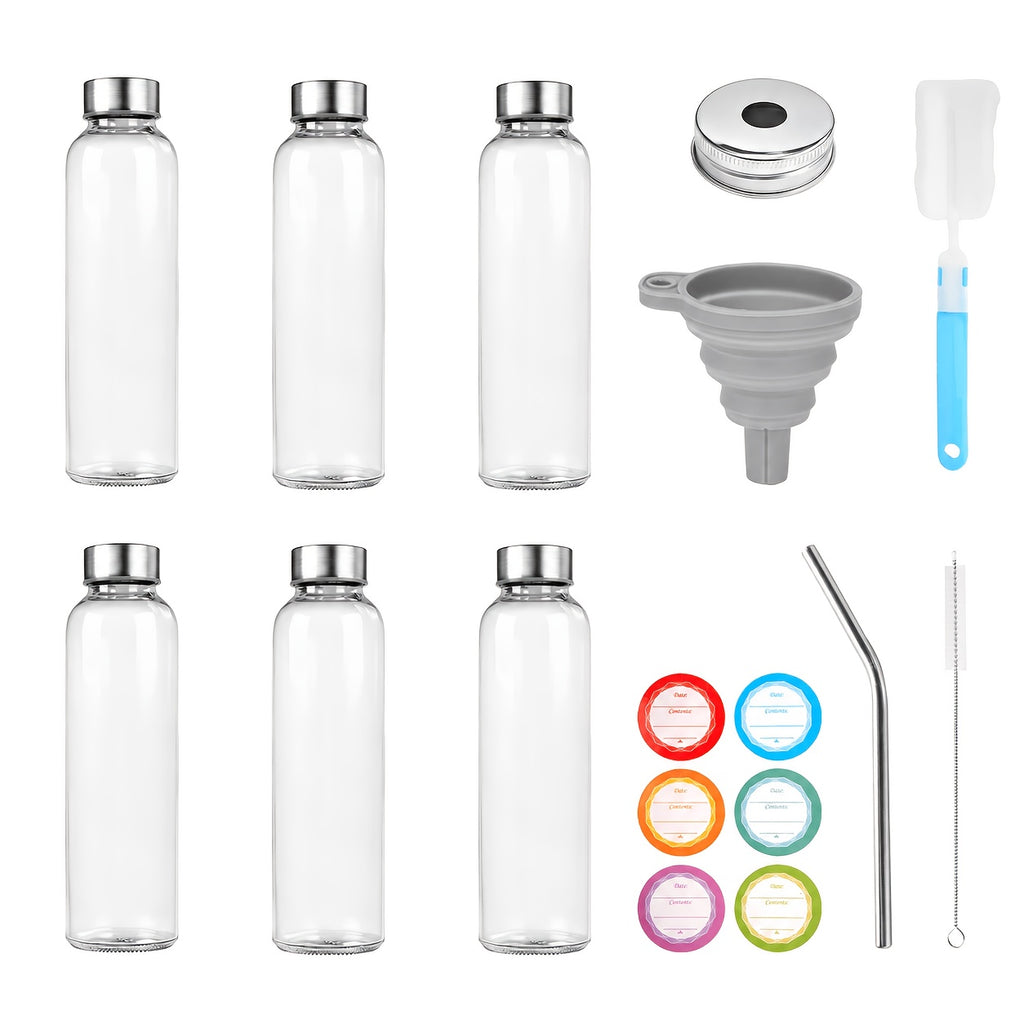 18oz Glass Juice Bottles with Stainless Steel Lid – Leakproof Reusable Clear Bottles for Juice, Beverage, Fridge & Travel | 6-Pack & 8-Pack