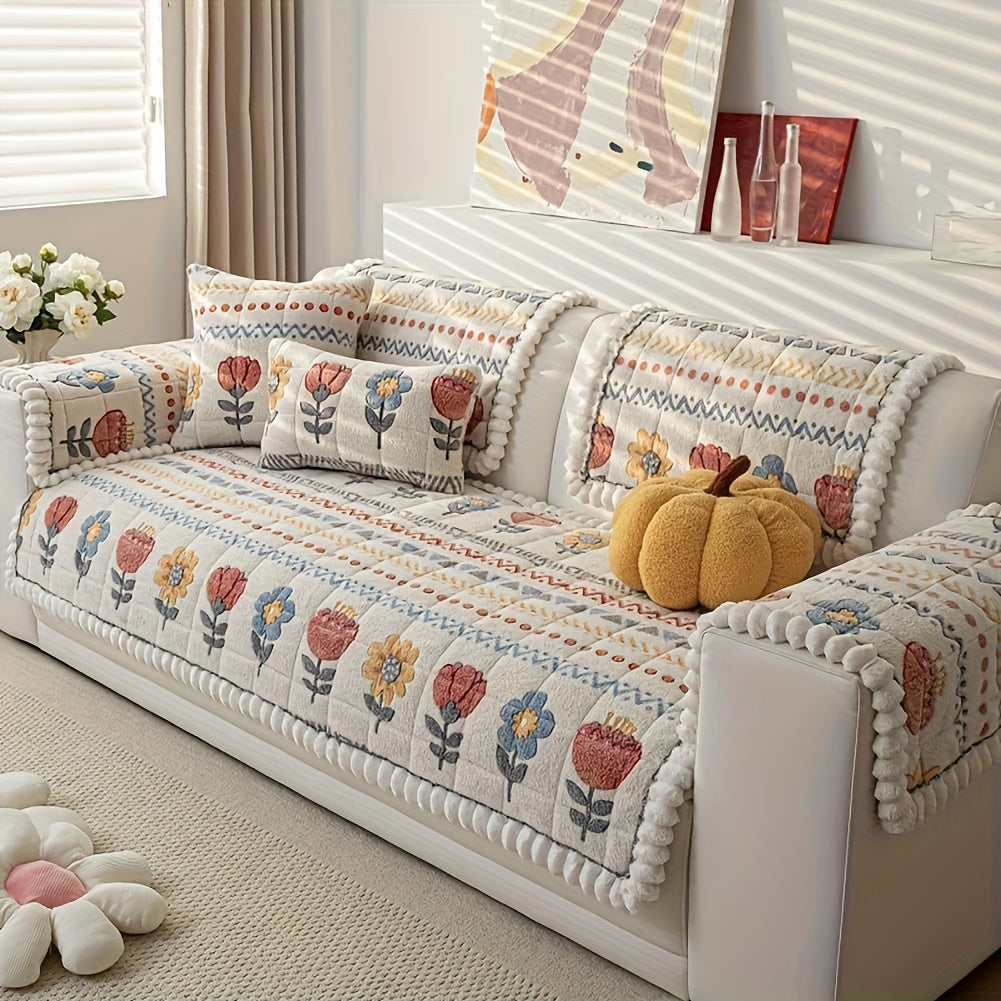 Bohemian Floral Plush Sofa Cover Thick Milk Fleece Quilted Couch Protector with Decorative Pillow Covers – Machine Washable Warm Cozy Cover for 1-4 Seater Sofa, Living Room Decor