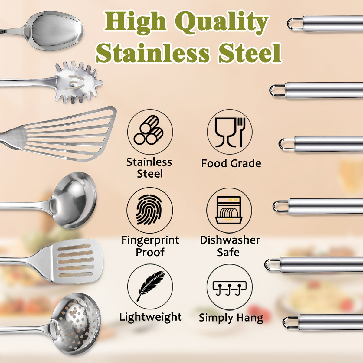 Stainless Steel Kitchen Utensils Set 12-Piece with Holder - Heat Resistant Cooking Utensils Set with Spatula, Ladle, Tongs, Whisk, Skimmer & More, Dishwasher Safe Metal Kitchen Tool Set