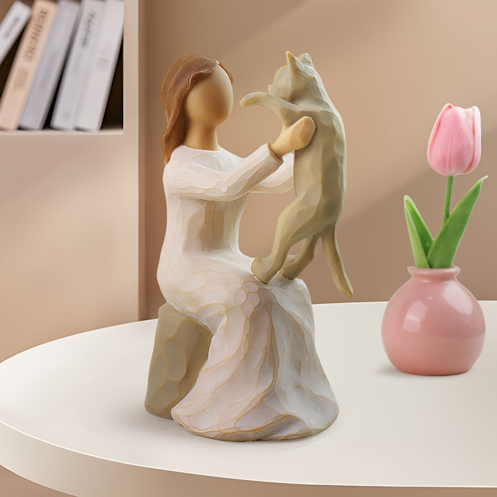 Hand-Painted Girl & Cat Resin Statue – Collectible Kitten Companion Figurine | Thoughtful Memorial Gift for Cat Lovers, Mom & Cat Ladies | Decorative Sculpture for Home, Shelf & Desktop