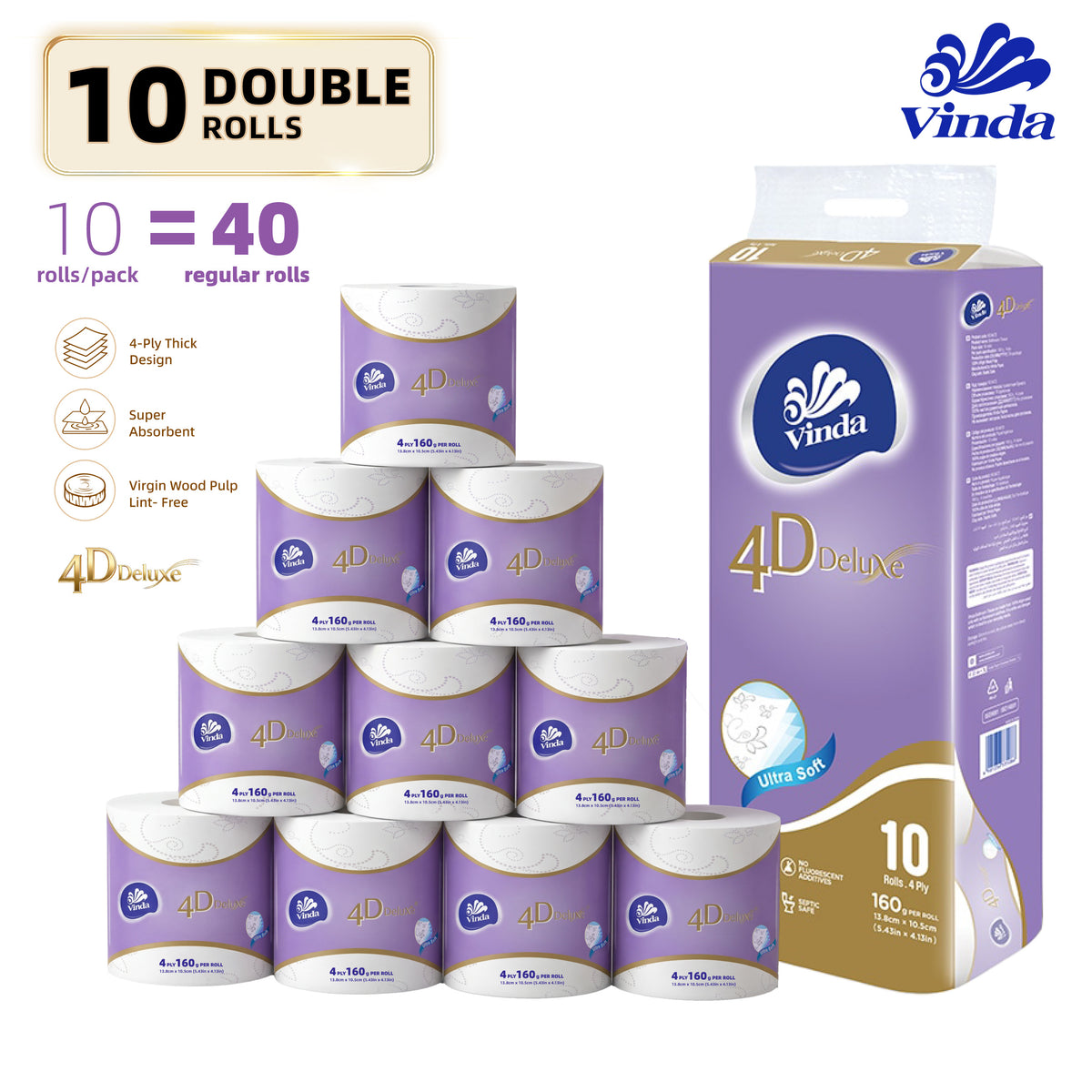 VINDA 4D Deluxe 4-Ply Ultra Soft Toilet Paper 10 Rolls – 100% Virgin Wood Pulp, No Lint Shedding, Fluorescent-Free, Septic Safe Bath Tissue for Home Bathroom
