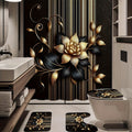 Black Gold Floral Shower Curtain Set 4 Piece with Hooks Anti-Slip Bath Rug Toilet Lid Cover & U-Shaped Mat – 71x71 Inch Luxury Bathroom Decor