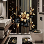 Black Gold Floral Shower Curtain Set 4 Piece with Hooks Anti-Slip Bath Rug Toilet Lid Cover & U-Shaped Mat – 71x71 Inch Luxury Bathroom Decor