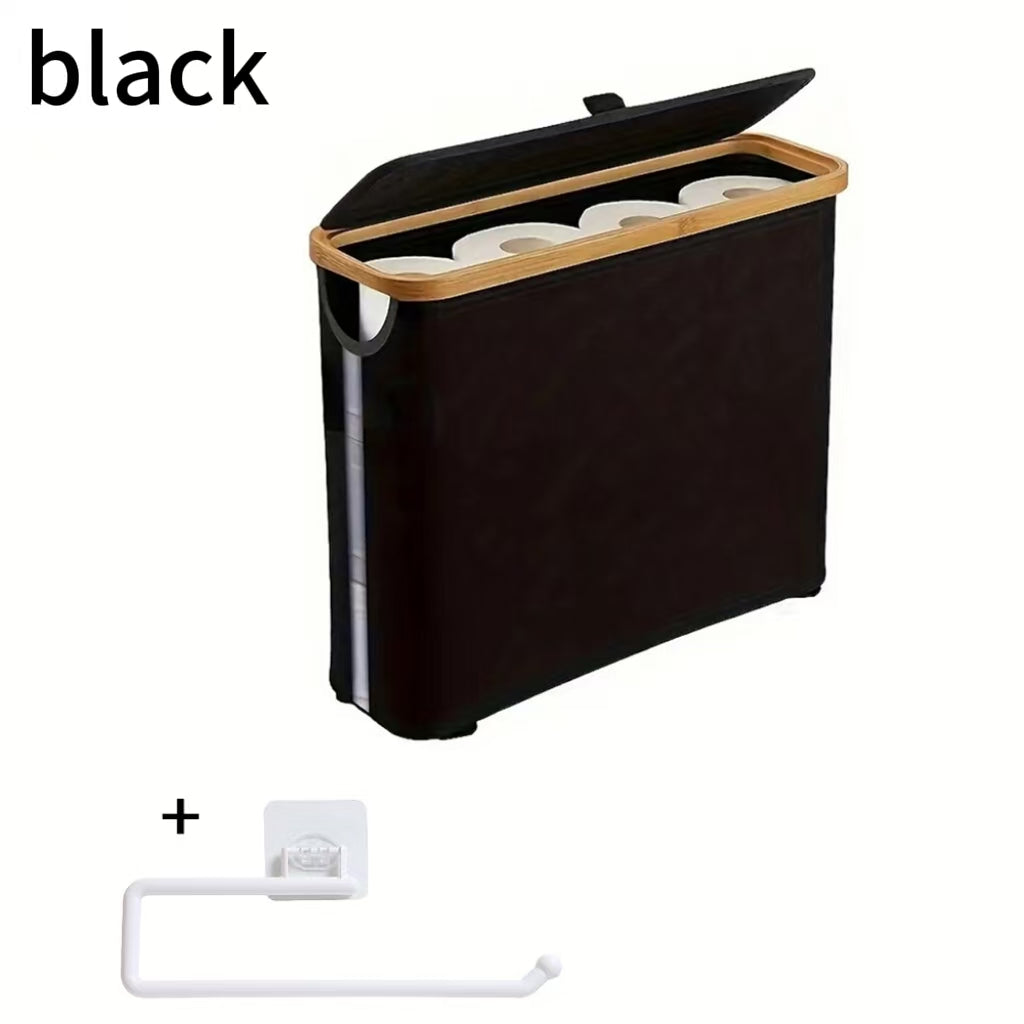 Bamboo Toilet Paper Storage Basket with Lid Holds 12 Rolls, Multi-Functional Bathroom Organizer with Tissue Holder Hook – Countertop Bathroom Decor, Black, Gray, White & Purple