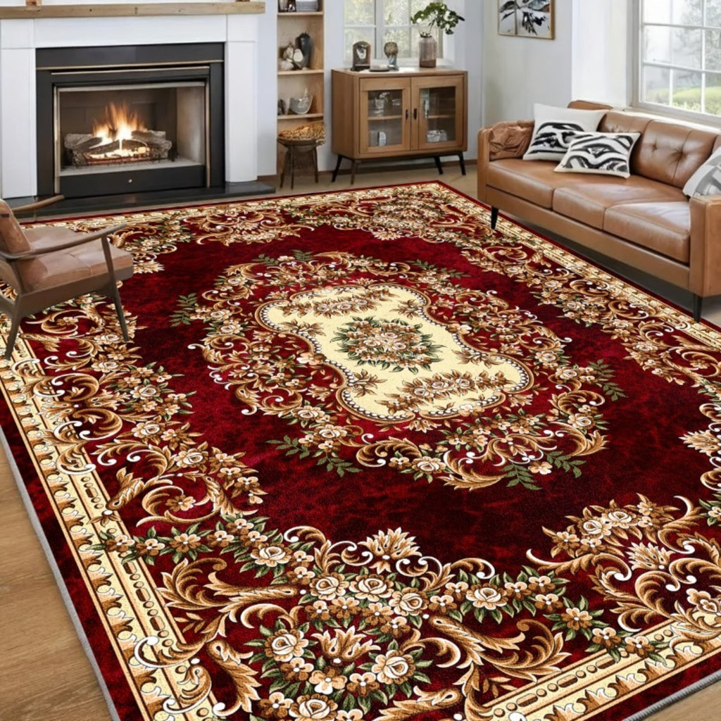 Luxury Holiday Floor Mat Non-Slip Machine Washable - Elegant Burgundy Gold Green Heavy-Duty Area Rug for Living Room Bedroom Hallway, Christmas Thanksgiving Festive Home Decor