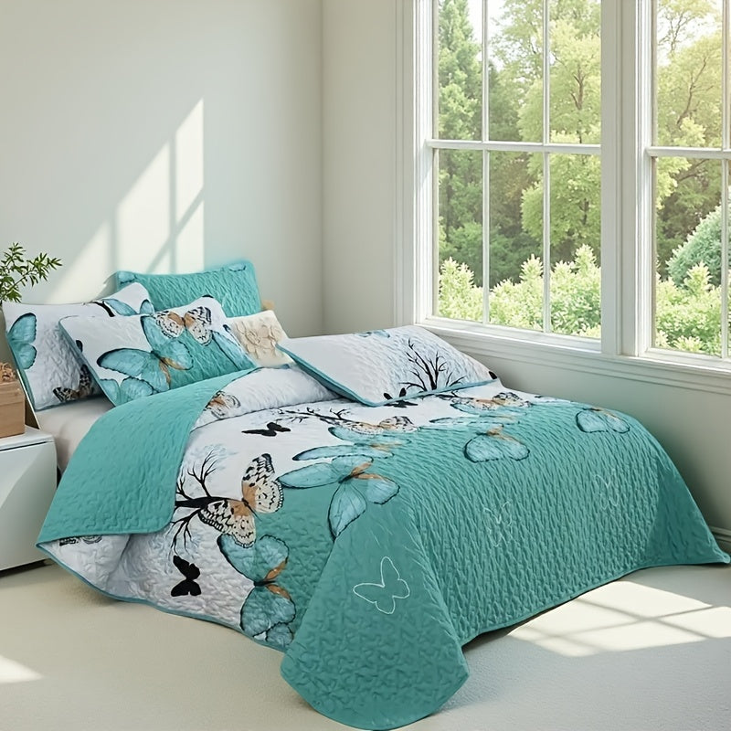 Quilted Bed Cover Set 3 Piece Butterfly Print - Soft Breathable Bedspread with 2 Pillowcases, Machine Washable All-Season, Twin Full Queen King
