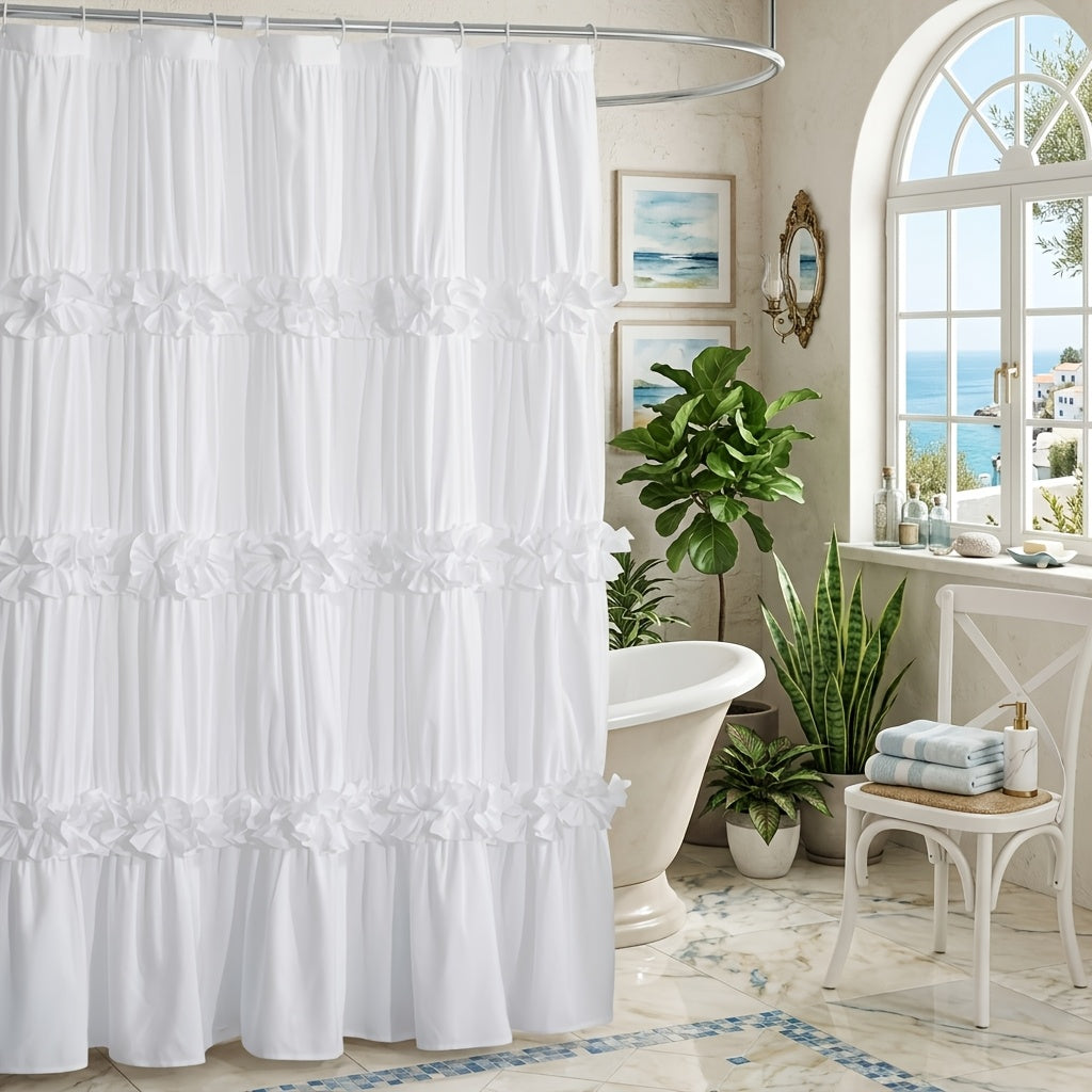 Bow Tie Ruffle Shower Curtain Vintage Handcrafted - Waterfall Ruched Fabric Bath Curtain with Hooks, Quick Dry Machine Washable, Farmhouse Romantic Decor, Multiple Sizes & Colors