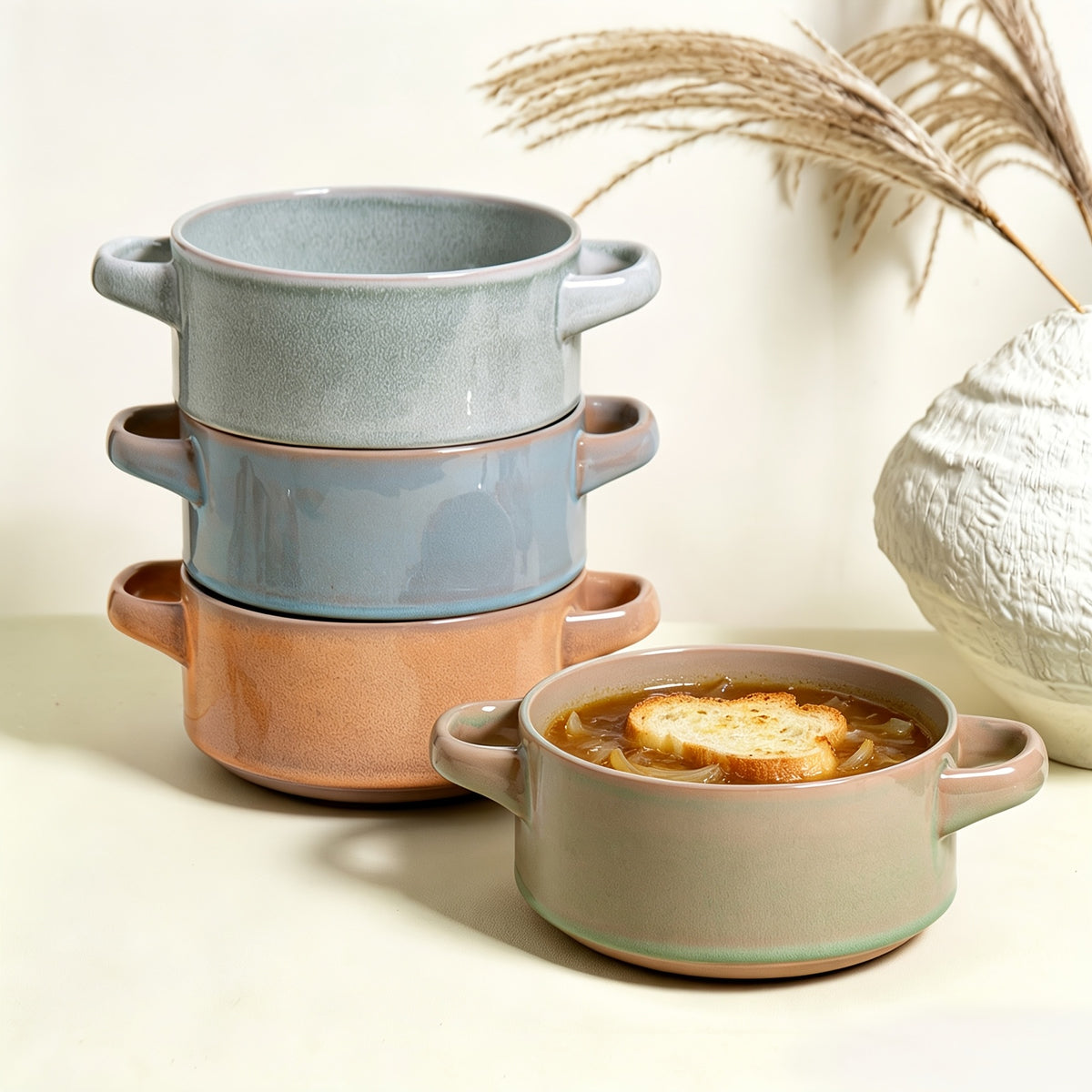Colorful Ceramic Double-Handled Bowl Set Dopamine Style 28oz Extra-Large – Microwave & Dishwasher Safe for Soup, Salad, Pasta & Ramen – 2 or 4 Piece, Assorted Colors