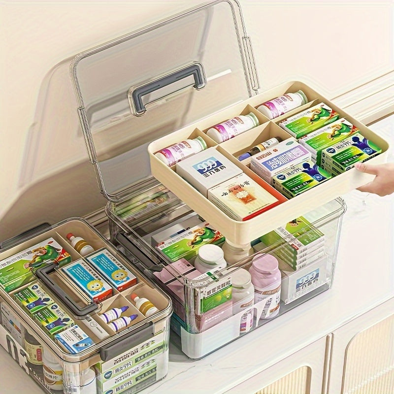 Large Capacity Pill Organizer Box with Easy-Grip Handles – Multi-Layer Plastic Medicine Storage Container for Home, Travel & Office, Secure Space-Saving Household Sundries Organizer