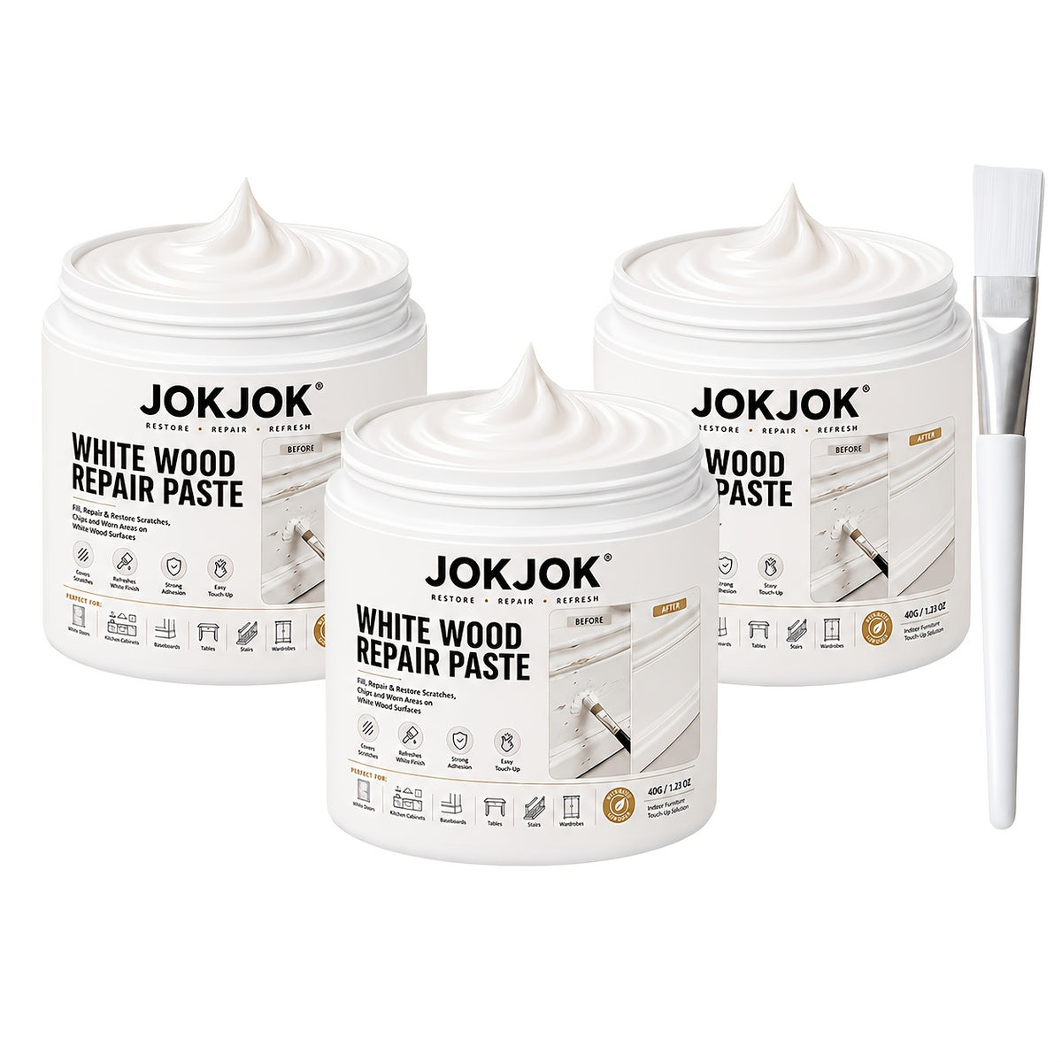 White Wood Repair Paste Kit with Paint Brush – Touch-Up Filler for Baseboards, Cabinets, Doors, Furniture & Wall Trim | Covers Scratches, Chips, Scuffs & Faded Spots | 2 or 3 Piece Set