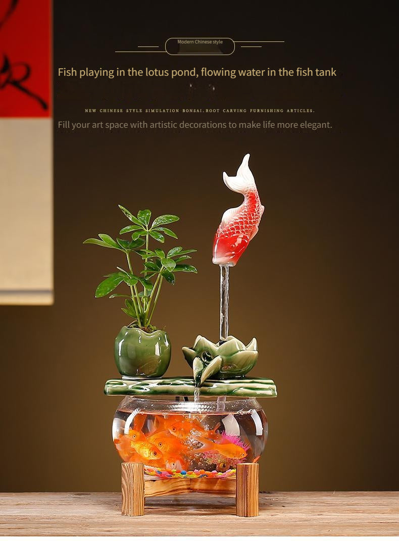 USB Powered Glass & Ceramic Fish Waterfall Desktop Fountain – Hanging Goldfish Design, Decorative Water Feature with Glass Fish & Plants for Living Room, Office & Zen Decor, Unique Gift