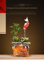 USB Powered Glass & Ceramic Fish Waterfall Desktop Fountain – Hanging Goldfish Design, Decorative Water Feature with Glass Fish & Plants for Living Room, Office & Zen Decor, Unique Gift